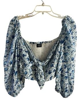 Bardot Revolve White and Blue Floral Tie-Front Puff Sleeve Crop Top XL